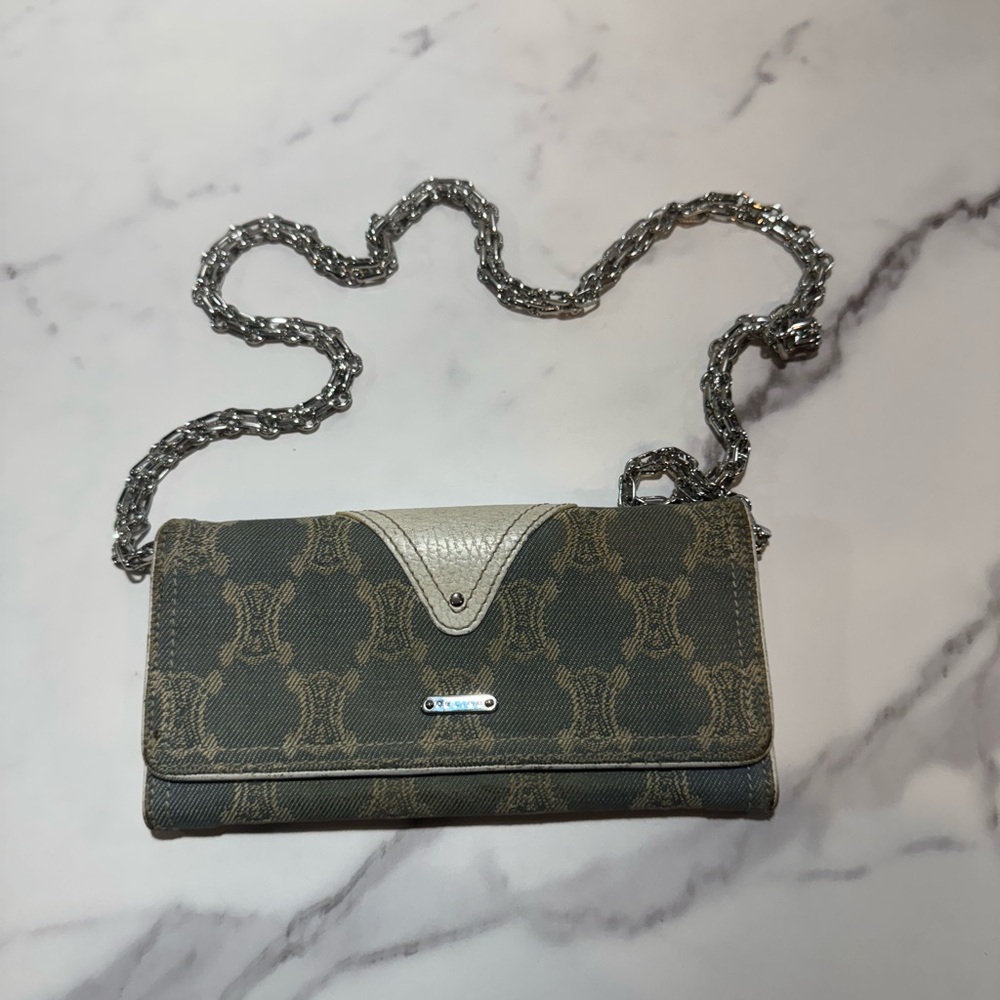 Celine Triomphe Denim Continental Wallet Ivory Leather Detail w silver chain
